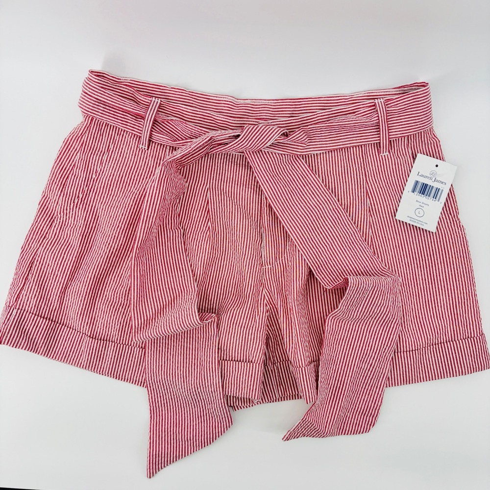 Lauren James Shorts Large NEW Seersucker Bow Red White Striped